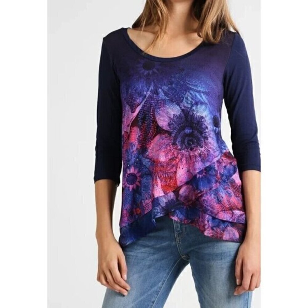 Desigual Womens Blue/Purple Floral Print Asymmetric Ruffled T-Shirt Size Small